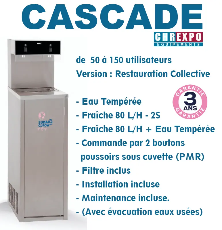 Location Trimestrielle FONTAINE et REFROIDISSEUR SUR SOL CASCADE en Full Service : installation et Maintenance semestrielle incluse (Engagement 12 Mois, 60 L/H)
